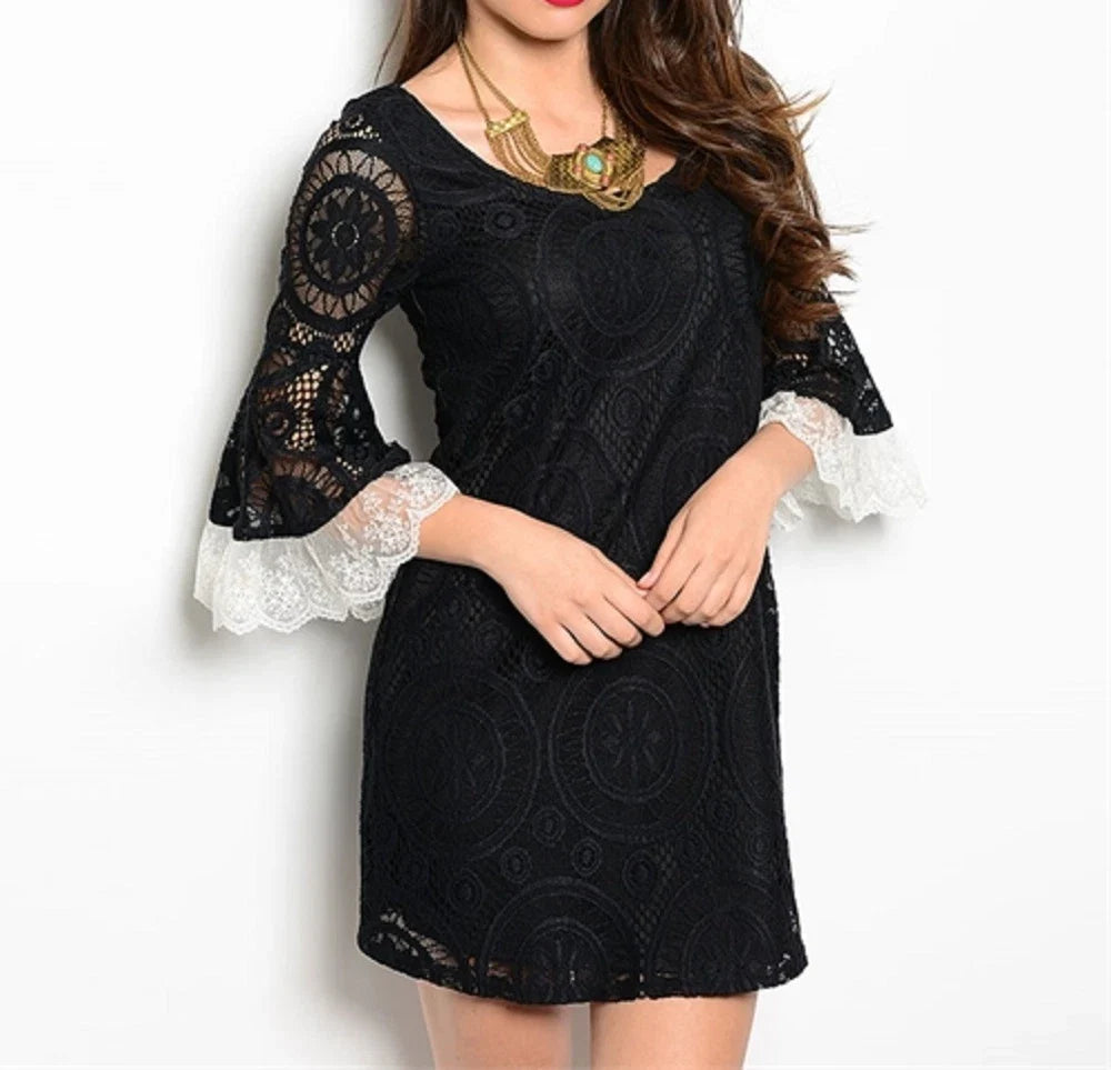 Sexy "Black" Bell Flare Sleeves White Trim Lace Party/Evening Dress-D-CN218942